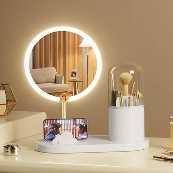 Косметическое зеркало для макияжа с LED-подсветкой и тубусом для аксессуаров Белое (PN810) 109000231200 фото