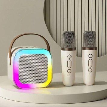 Колонка-караоке Bluetooth портативна бездротова 2в1 + 2 мікрофони RGB-підсвічування Бежева (R4107) 109000131600 фото