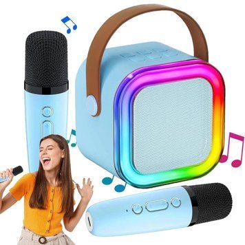 Колонка-караоке Bluetooth портативна бездротова 2в1 + 2 мікрофони RGB-підсвічування Блакитна (R4107) 109000131700 фото