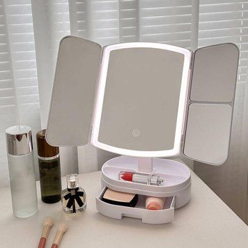 Косметичне дзеркало для макіяжу з LED підсвічуванням потрійне з органайзером складне поворотне із сенсорним екраном та збільшенням 109000089000 фото