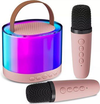 Бездротова Bluetooth колонка портативна з 2 мікрофонами та RGB-підсвічуванням для караоке Рожева 109000131200 фото