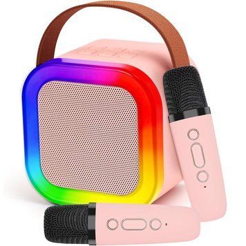 Колонка-караоке Bluetooth портативна бездротова 2в1 + 2 мікрофони RGB-підсвічування Рожеве (R4107) 109000131500 фото