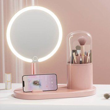 Косметическое зеркало для макияжа с LED-подсветкой и тубусом для аксессуаров Розовое (PN811) 109000231300 фото