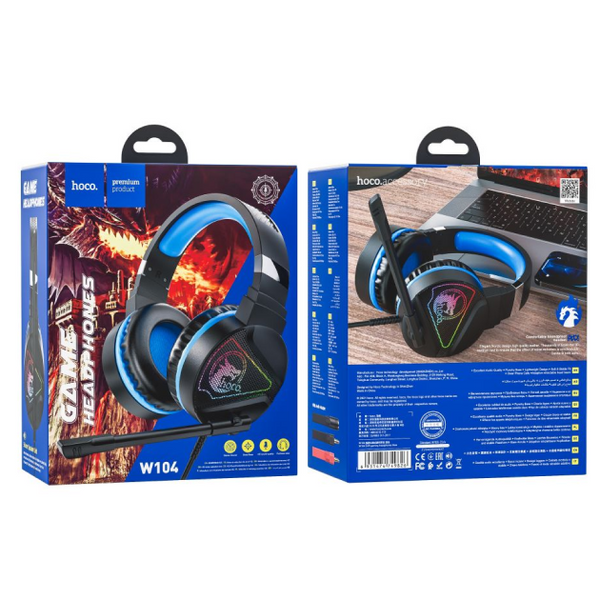 Компьютерные игровые наушники с микрофоном и LED RGB подсветкой Hoco W104 проводные Синие 109000019600 фото