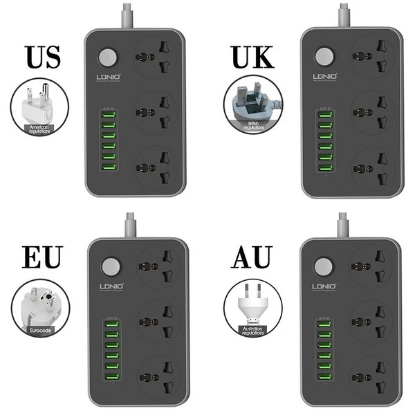 Сетевой фильтр удлинитель LDNIO SC3604 3 розетки и 6USB портов с выключателем и заземлением 109000053600 фото